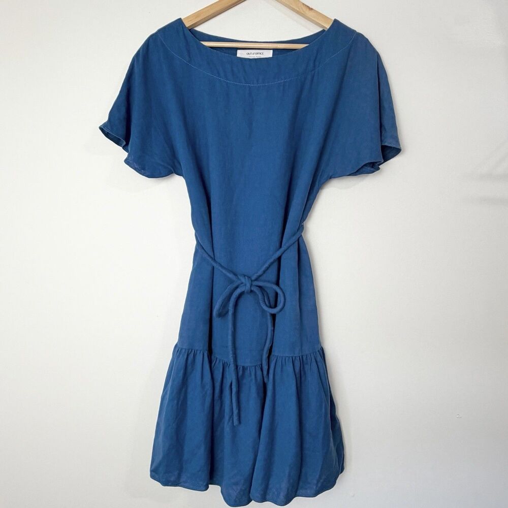 Trina Turk Out Of Office Blue Linen Dress Belted  Ruffle Hem Women’s 8